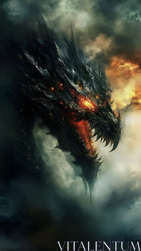 Volcanic dragon head in dense smoke and storm clouds.