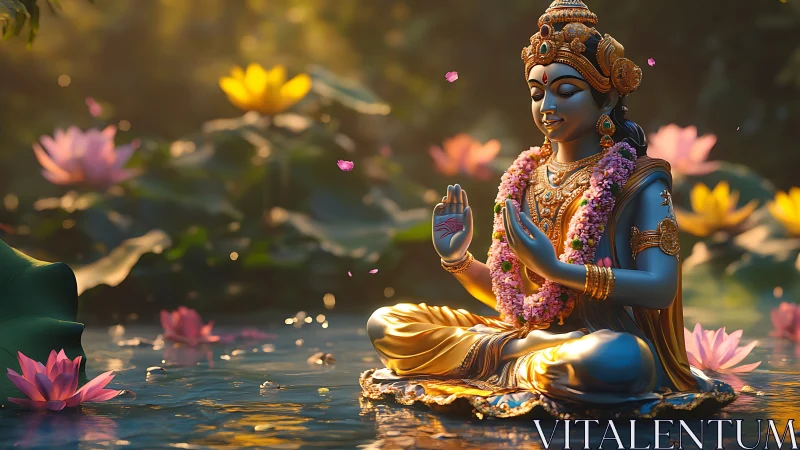 Golden lotus deity meditating in radiant water garden.