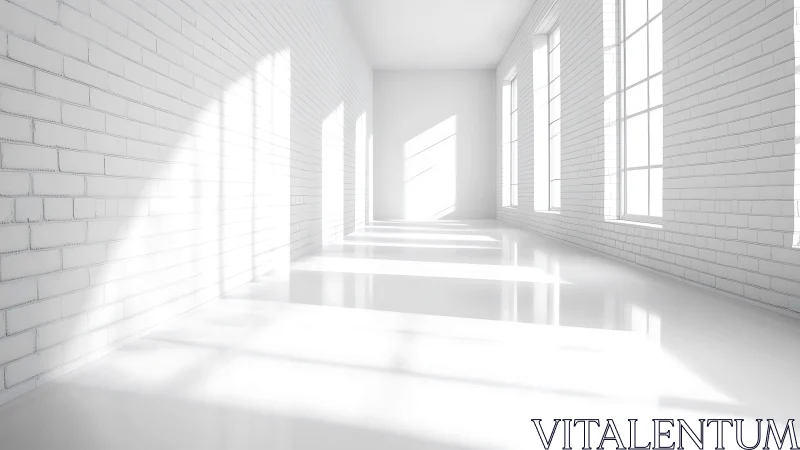 Sunlit white brick gallery corridor washed in radiant calm.