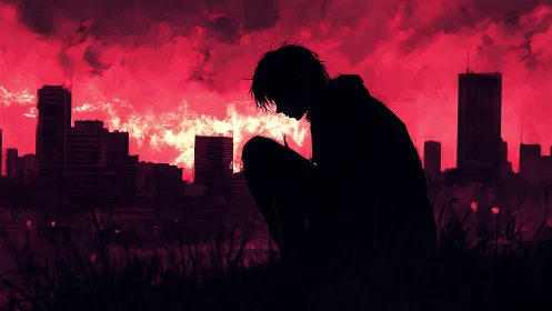 Solitary silhouette before crimson urban skyline at dusk.