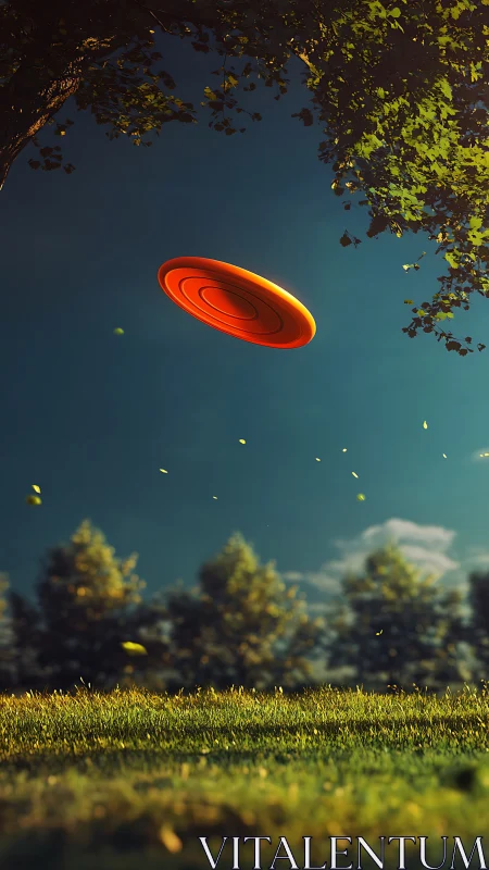 Orange flying disc moves above grass under clear sky