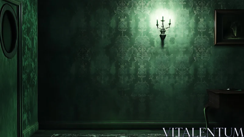 Emerald hallway hush with lone sconce and secretive shadows.