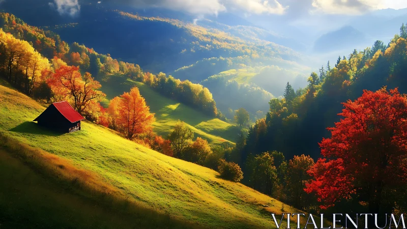 Autumn hillside valley landscape with cabin and distant ridges.