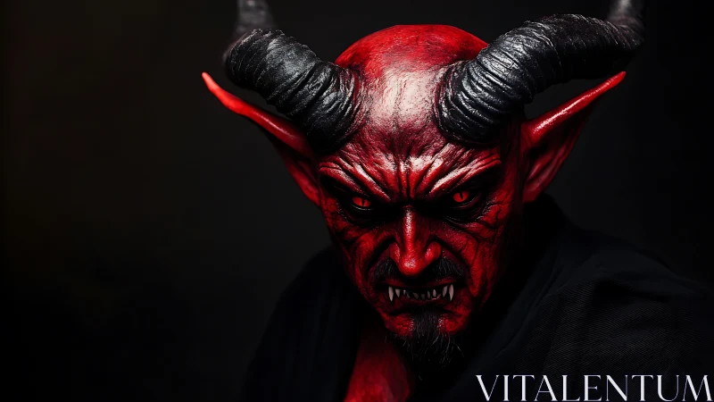 Photorealistic demonic portrait with high-contrast chiaroscuro lighting.