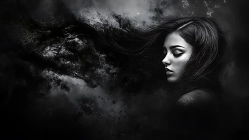 Dark ethereal portrait merges woman with dissolving void.