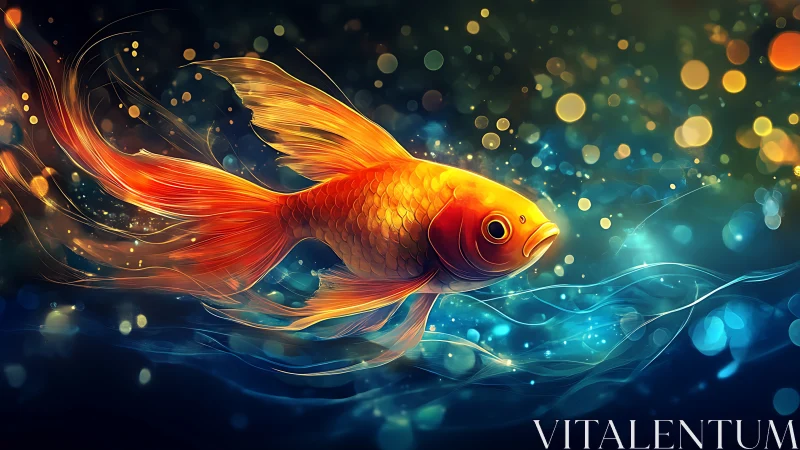 Radiant golden koi glides through glowing abstract waters