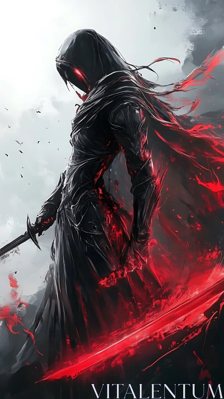 Hooded spectral swordsman channels red energy in dynamic motion