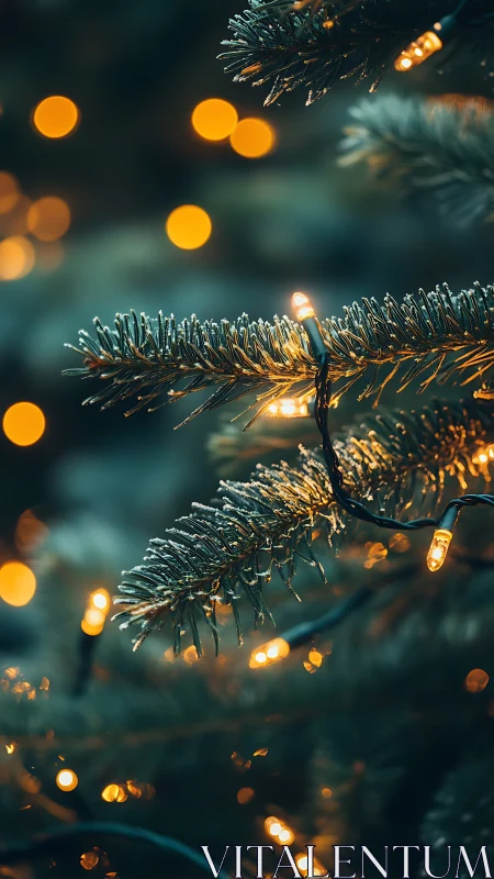 Christmas fir branch with golden bokeh and string lights.