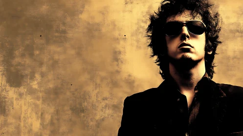 Moody portrait of man in sunglasses on textured gold wall.