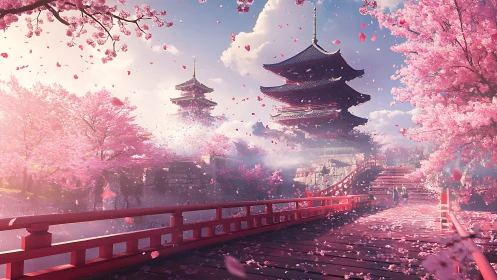 Blossoming temple bridge basked in drifting cherry petals.