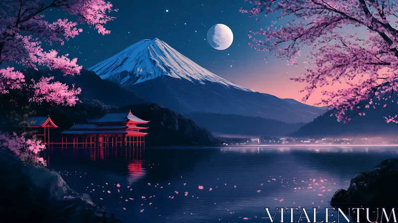 Moonlit Mount Fuji over sakura lake in neon twilight