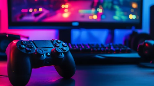 Gaming controller glows under neon RGB desktop lights.