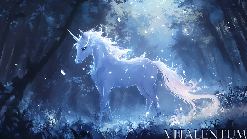 Luminous white unicorn wanders through a moonlit enchanted forest