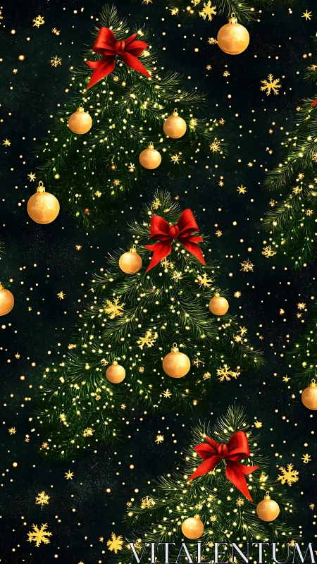 Festive Christmas trees with gold baubles on dark night.