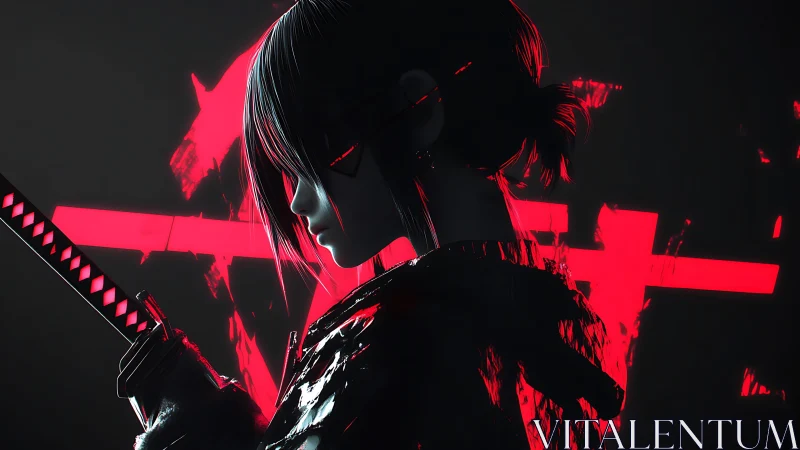 Backlit cyber-noir swordswoman rendered in high-contrast neon