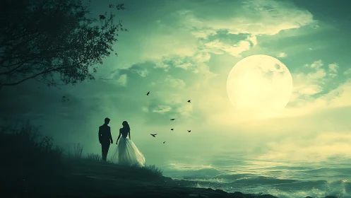 Bride and Groom Under Moonlight by the Sea