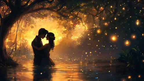 Two figures in water beneath illuminated trees at dusk