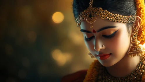 Portrait of a serene bride adorned in golden traditional jewelry.