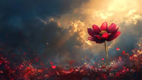 Solitary crimson flower rising through radiant storm clouds.