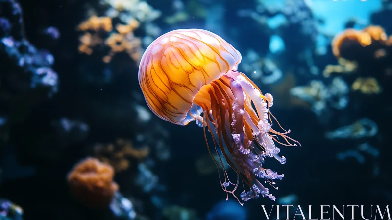 Luminous jellyfish drifts through deep blue coral reef seascape.