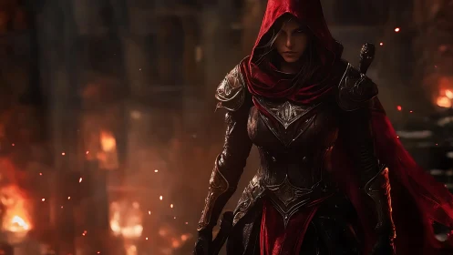 Armored rogue in red cloak advances through ember-lit ruins