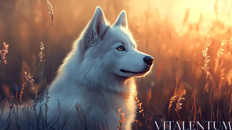 Backlit white dog rendered with soft-focus depth and warm bokeh field