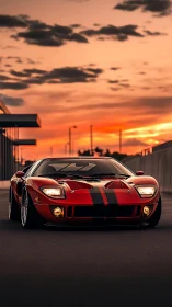 Low-angle sunset portrait of red GT sports car with stripes