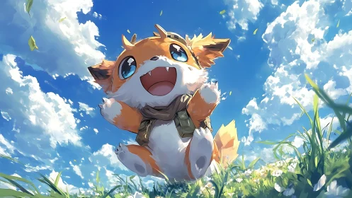 Joyful fox-like adventurer leaping into a bright blue sky.