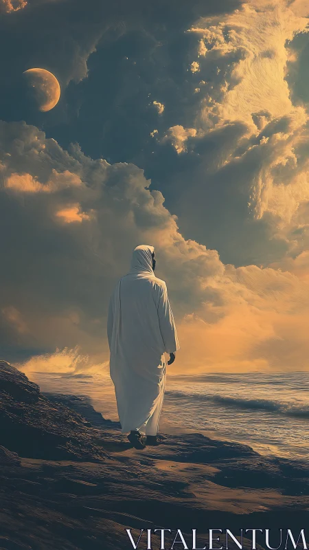 Hooded solitary figure on tidal shore beneath crescent moon