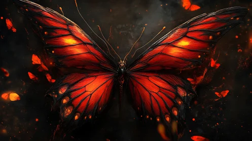Red butterfly with outstretched wings on dark backdrop.