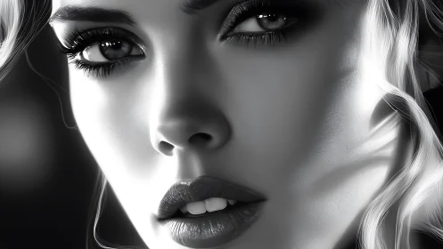 Monochrome close-up portrait in hyperreal digital rendering.