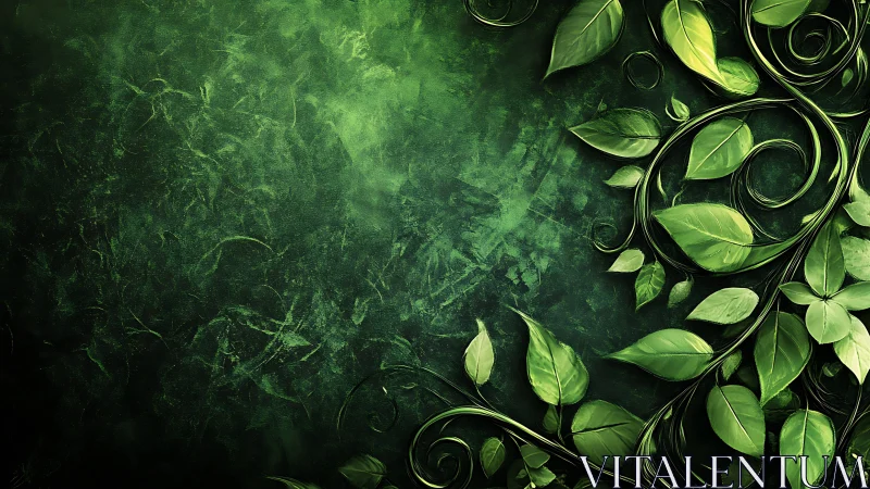 Emerald vines curl across textured green space in quiet balance