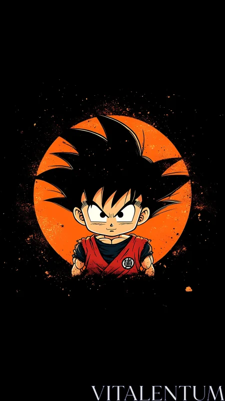 Serious anime boy in red gi against bold orange circle