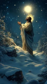 Sacred figure prays beneath radiant star in winter forest