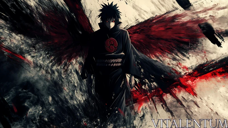 Brooding shadow ninja amid crimson winged chaos.