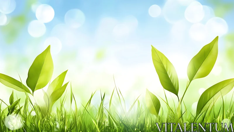Fresh Green Leaves and Grass in Soft Spring Morning Light, Digital Art.