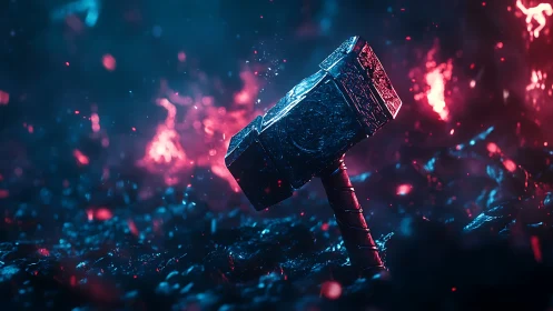 Mythic war hammer in glowing red and blue embers.