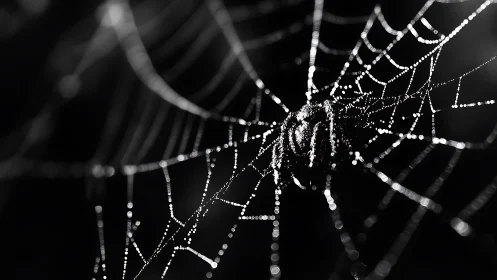 Macro spider web geometry with dew in dramatic monochrome.