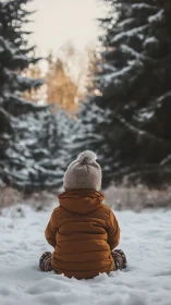 Small explorer sits quietly in a softly snow-covered forest
