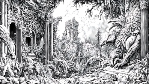 Ruined temple landscape with rooted monsters and guardian beast.