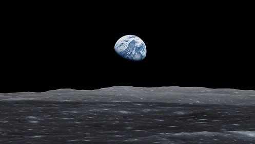 Photorealistic Earthrise over lunar horizon in stark void.