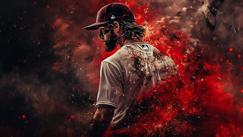 Digital painting of a baseball player dissolving into red smoke.