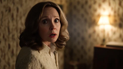 Photorealistic close-up of shocked woman in dim interior scene.