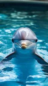 Central frontal dolphin portrait in high‑contrast pool lighting