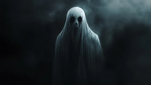 Spectral hooded wraith emerging through cinematic fog veil.