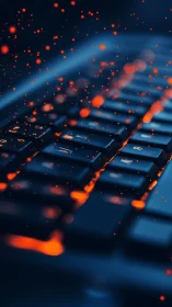 Low-angle keyboard macro with orange bokeh particles and shallow DOF