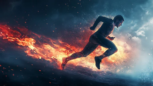 Blazing runner charges forward through sparks and swirling fire