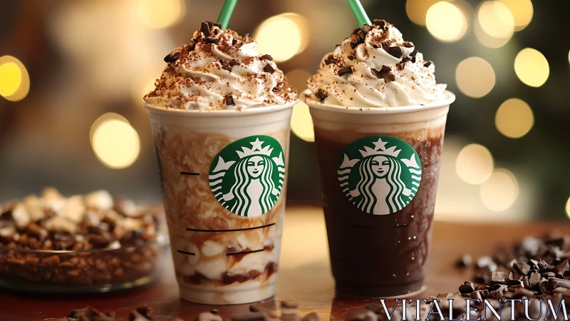 Two Starbucks frappuccinos stand topped with whipped cream