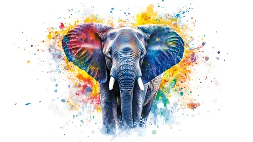 Color-splashed elephant strides forward through vivid paint bursts