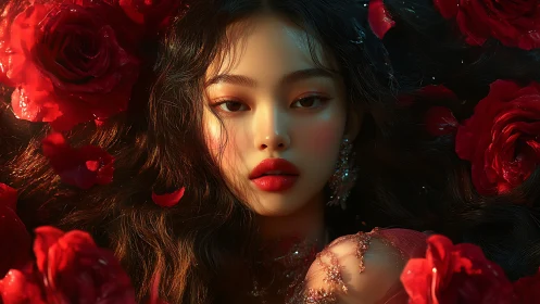 Velvet rose siren bathed in molten sunset shadows.